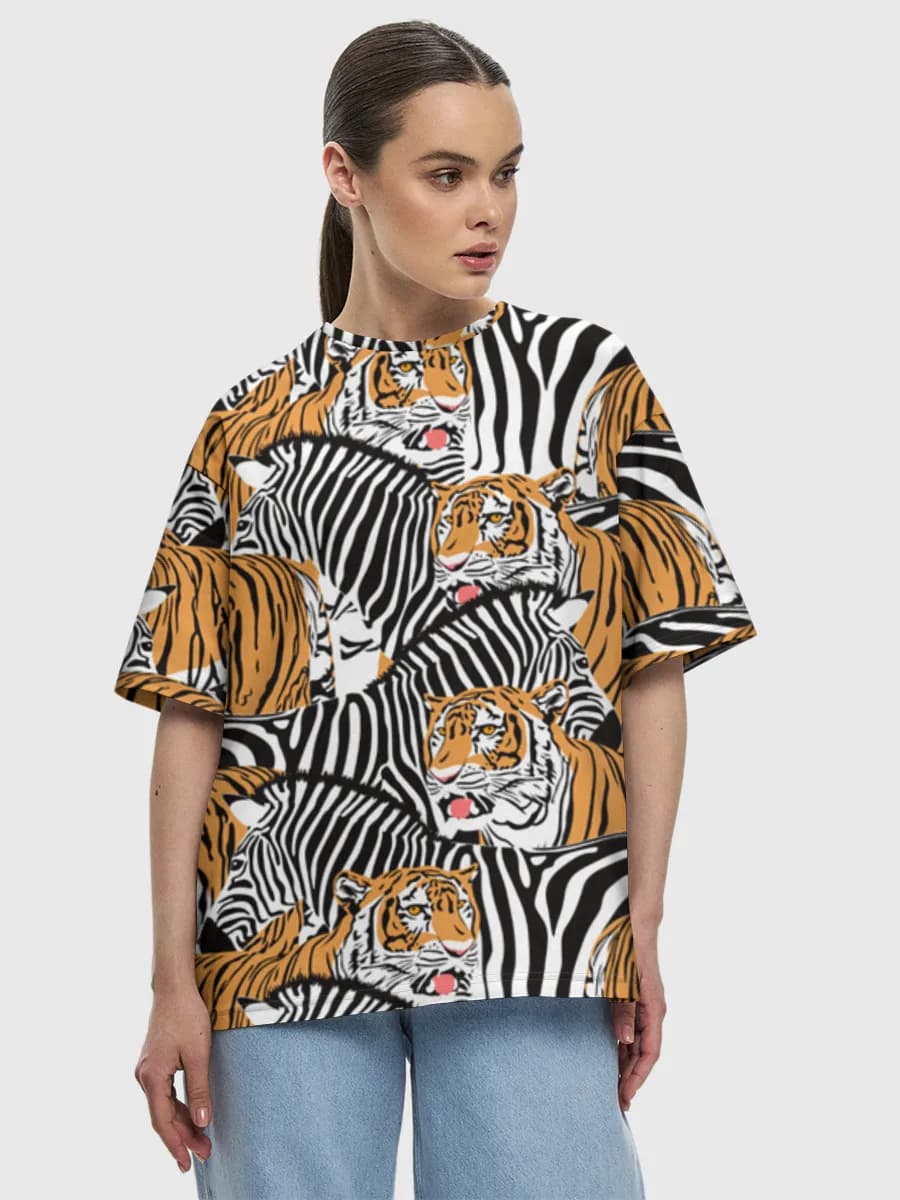 Tiger And Zebra Print — Women's oversized cotton T-shirt with all-over print, Wildlife Art theme