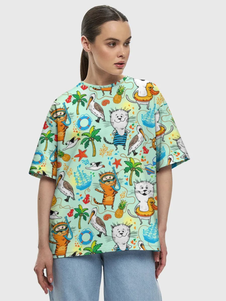 Beach Cats Nautical Doodles — Women's oversized cotton T-shirt with all-over print, Cats theme