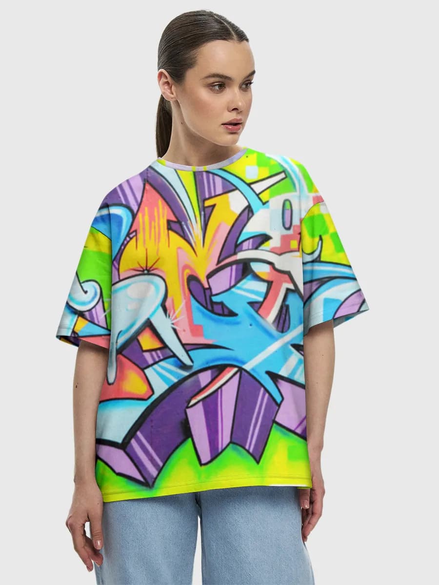 Neon Graffiti Wall Art — Women's oversized cotton T-shirt with all-over print, Street Art theme