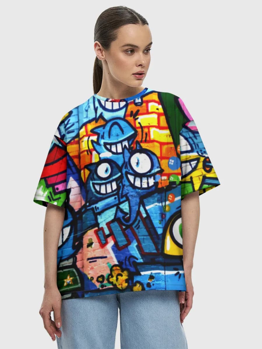 Colorful Graffiti Street Crew — Women's oversized cotton T-shirt with all-over print, Street Art theme