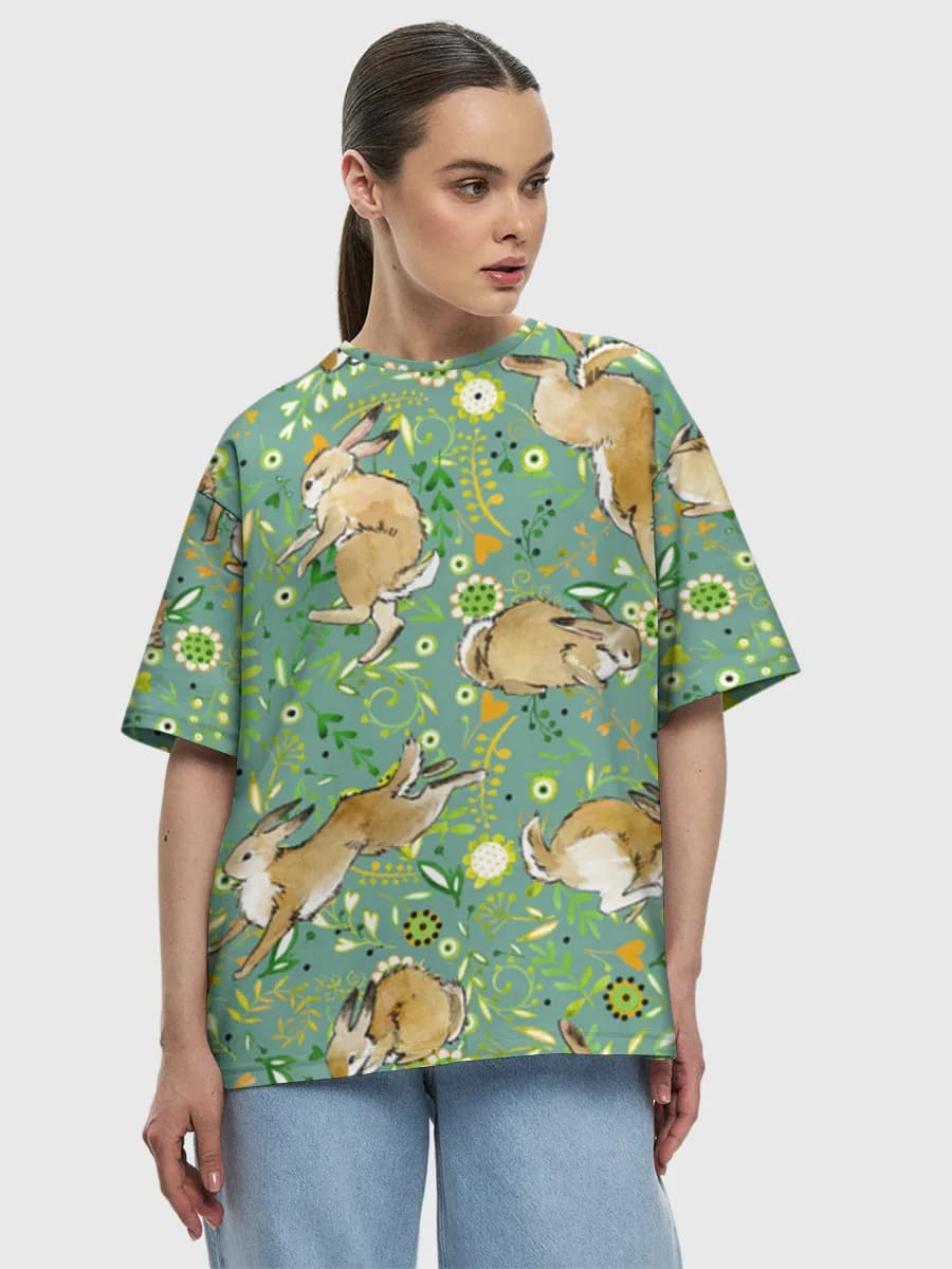 Watercolor Bunnies And Florals — Women's oversized cotton T-shirt with all-over print, Bunny theme