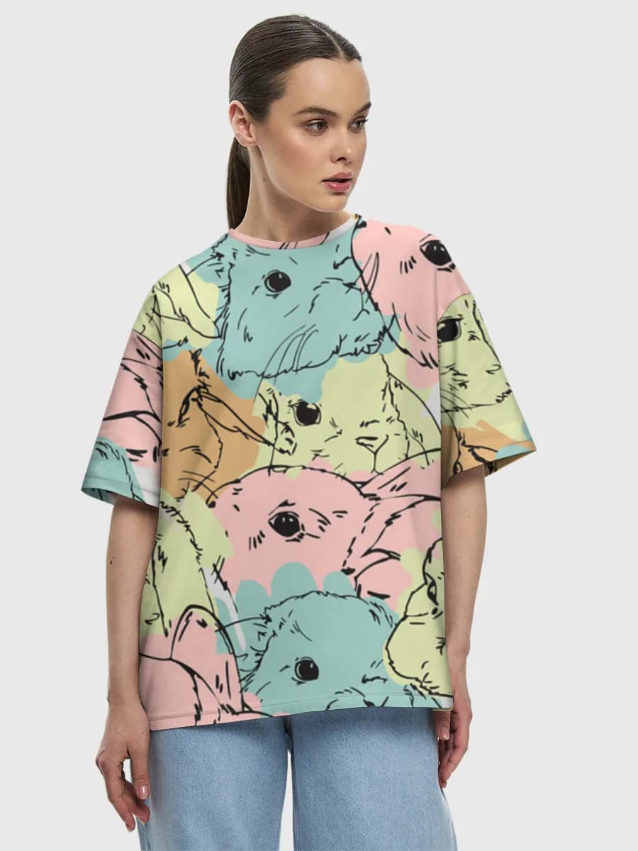Pastel Bunny Faces — Women's oversized cotton T-shirt with all-over print, Bunny theme