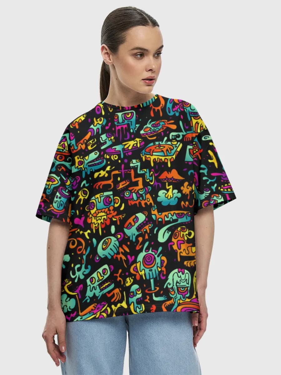 Neon Monster Doodle Crowd — Women's oversized cotton T-shirt with all-over print, Monsters theme
