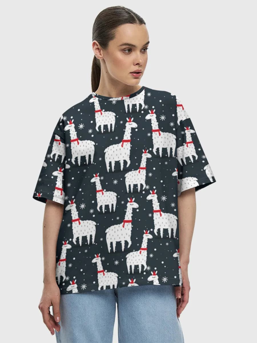 Winter Llamas With Scarves — Women's oversized cotton T-shirt with all-over print, Llama theme