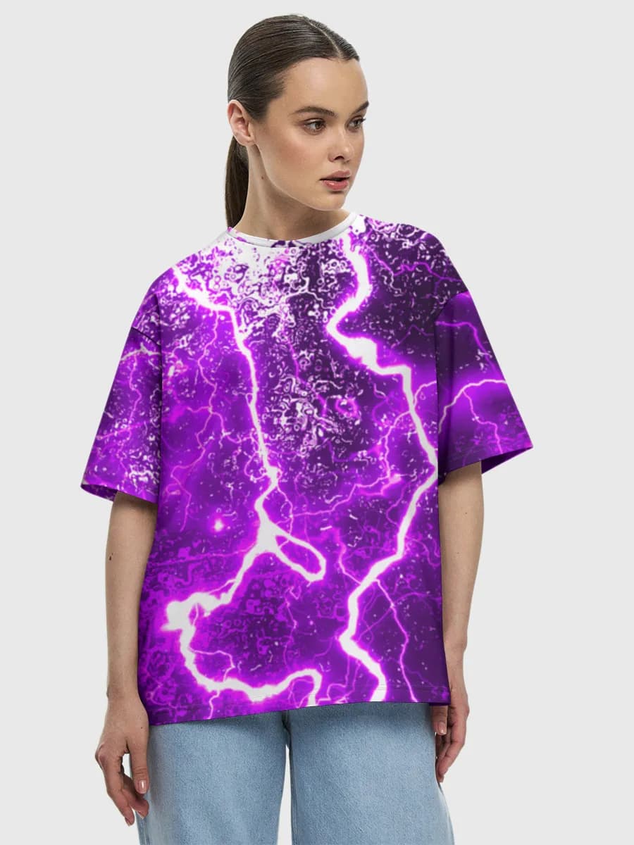 Neon Purple Lightning — Women's oversized cotton T-shirt with all-over print, Lightning theme