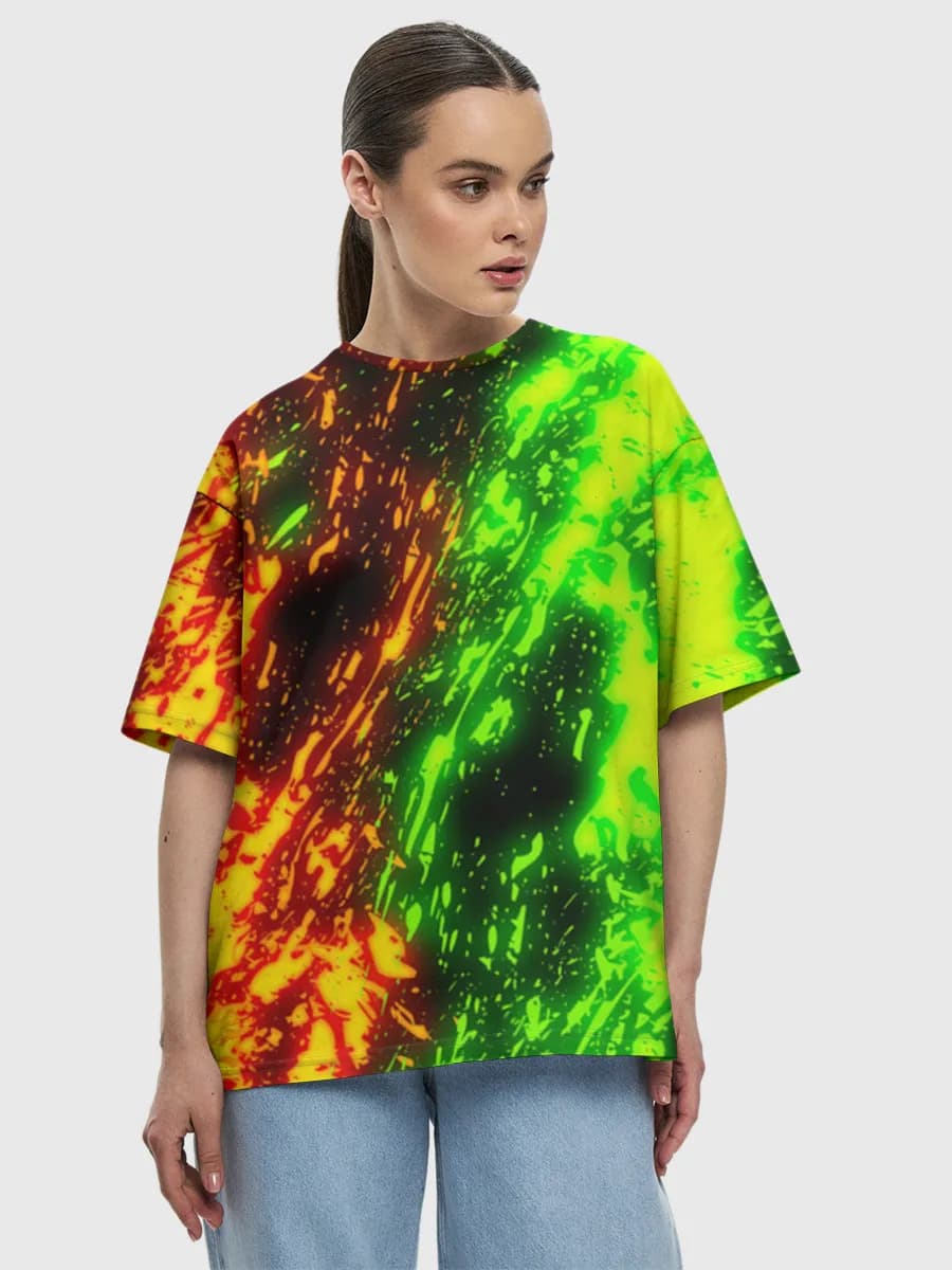 Neon Acid Splatter — Women's oversized cotton T-shirt with all-over print, Abstract theme