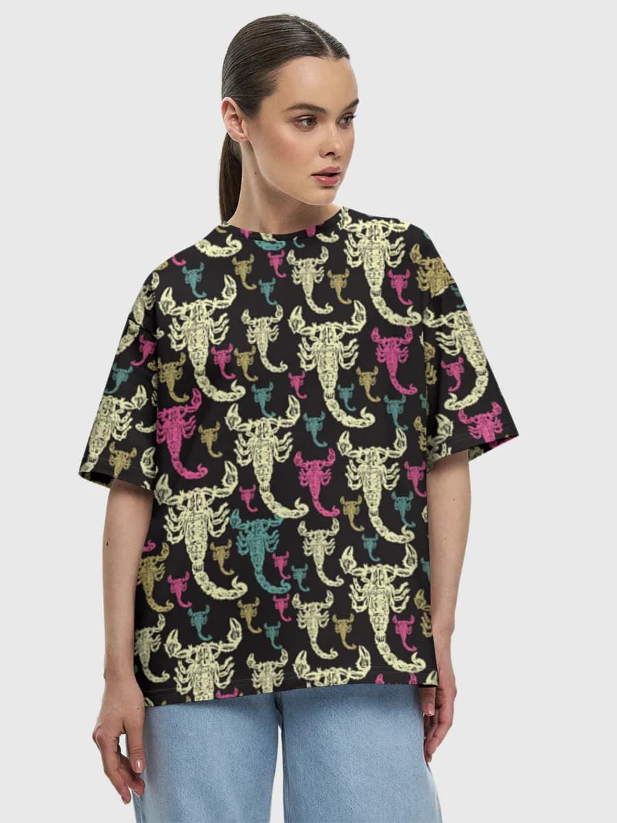 Neon Scorpion Swarm — Women's oversized cotton T-shirt with all-over print, Scorpion theme
