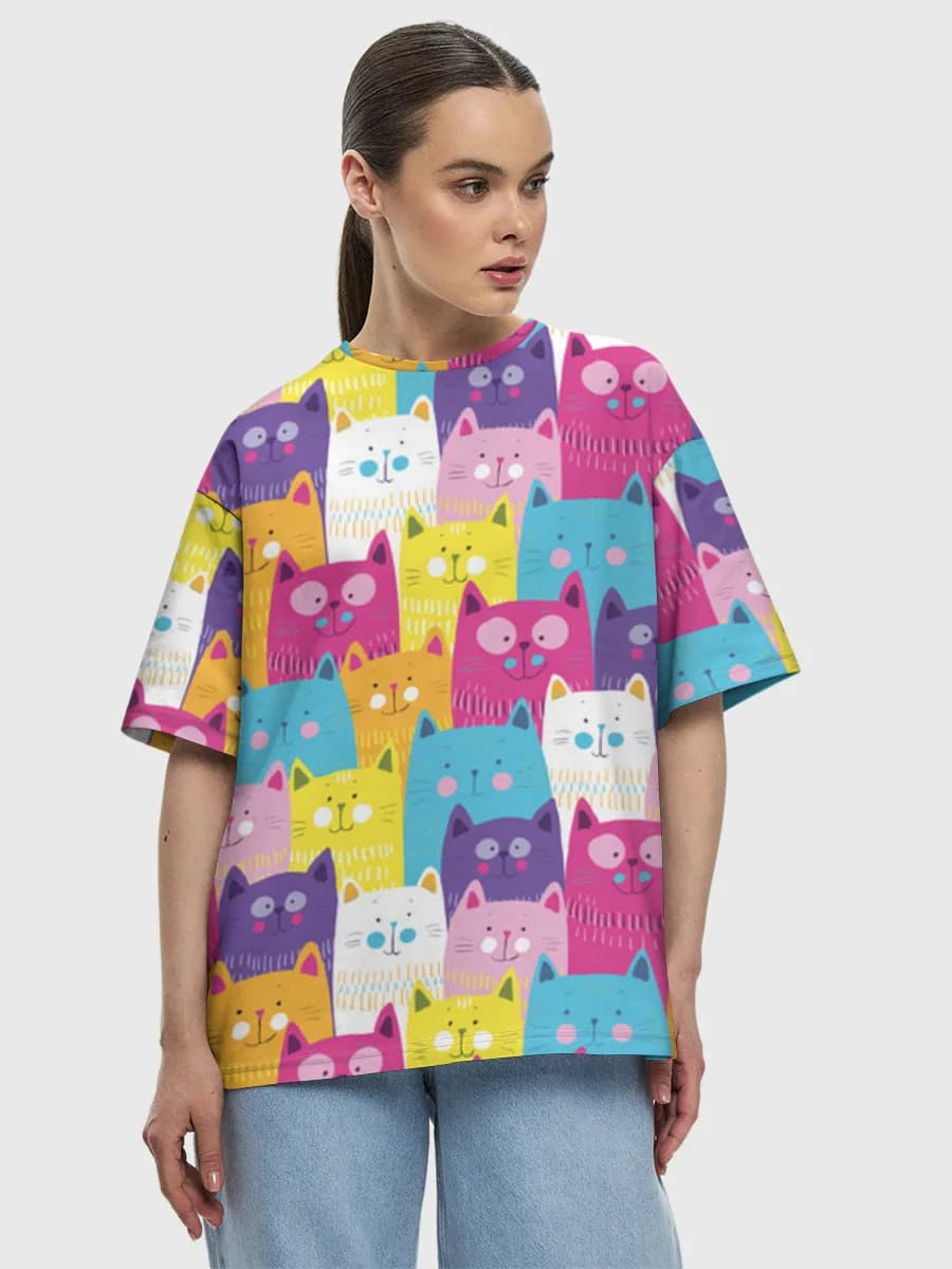 Colorful Cute Cat Faces — Women's oversized cotton T-shirt with all-over print, Cats theme
