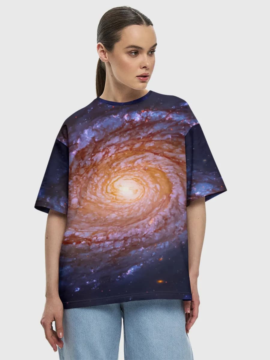 Spiral Galaxy Glow — Women's oversized cotton T-shirt with all-over print, Space theme