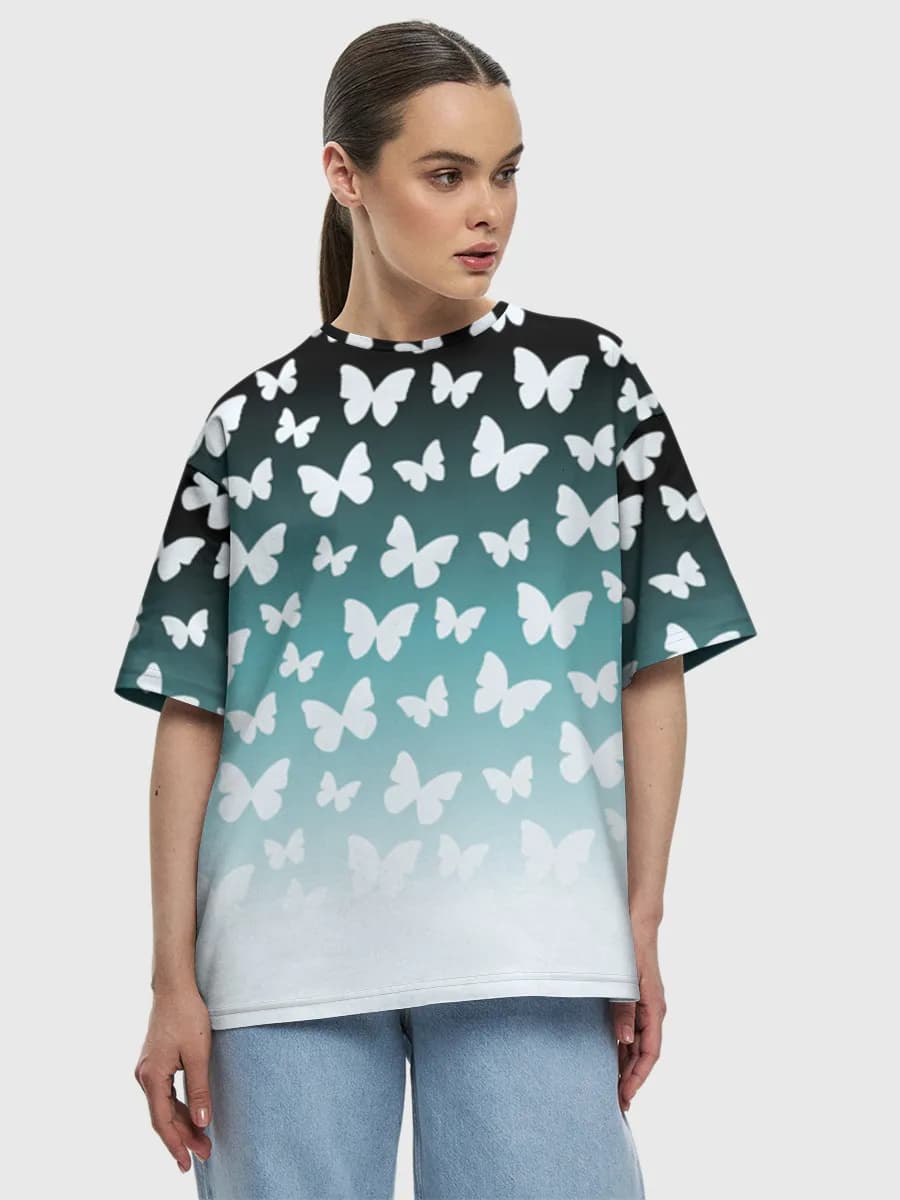 Butterfly Silhouette Gradient — Women's oversized cotton T-shirt with all-over print, Butterflies theme