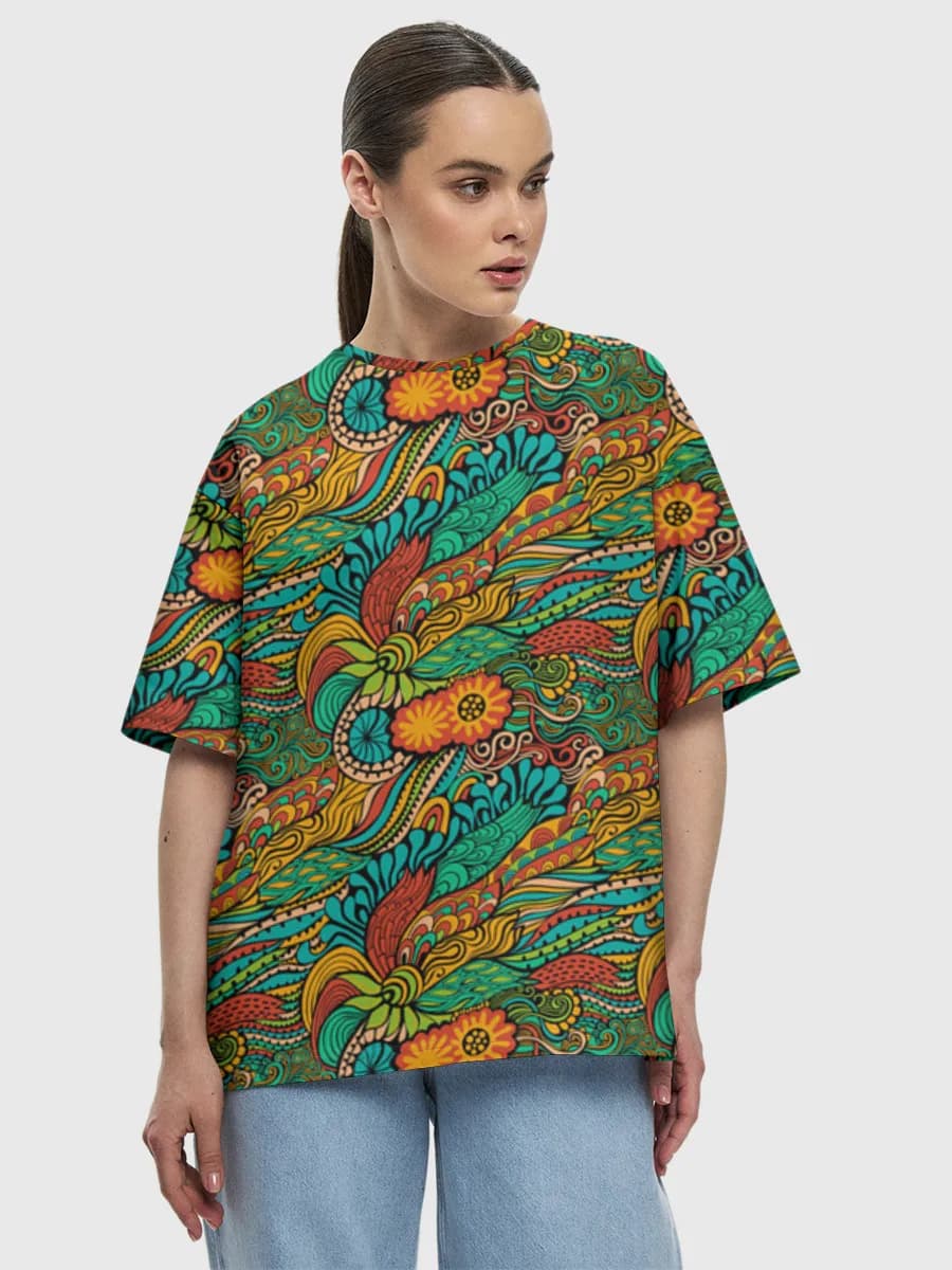 Psychedelic Floral Swirls — Women's oversized cotton T-shirt with all-over print, Psychedelic theme