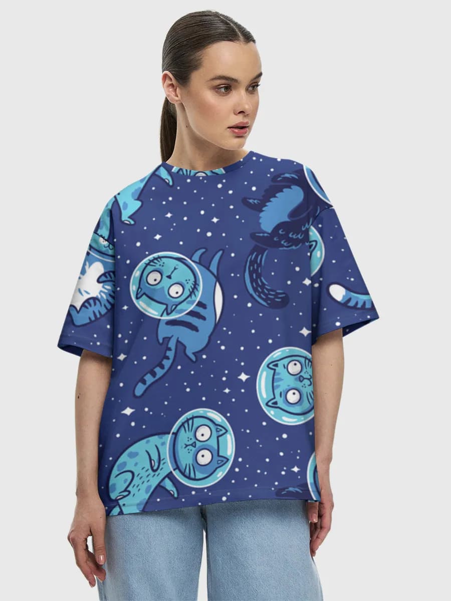 Astronaut Cats In Space — Women's oversized cotton T-shirt with all-over print, Cats theme