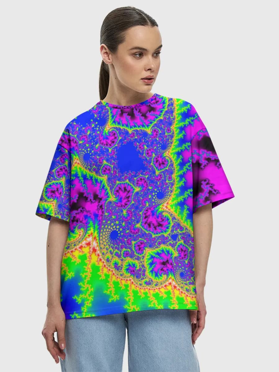 Neon Fractal Vortex — Women's oversized cotton T-shirt with all-over print, Fractal Art theme