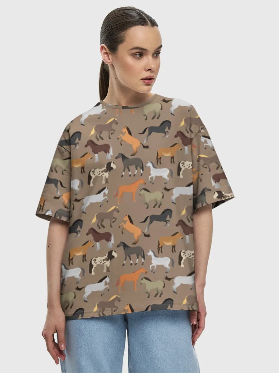 Colorful Horse Herd — Women's oversized cotton T-shirt with all-over print, Equestrian theme