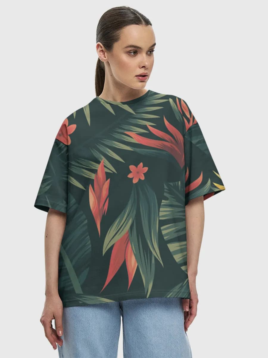 Tropical Jungle Leaves — Women's oversized cotton T-shirt with all-over print, Nature theme