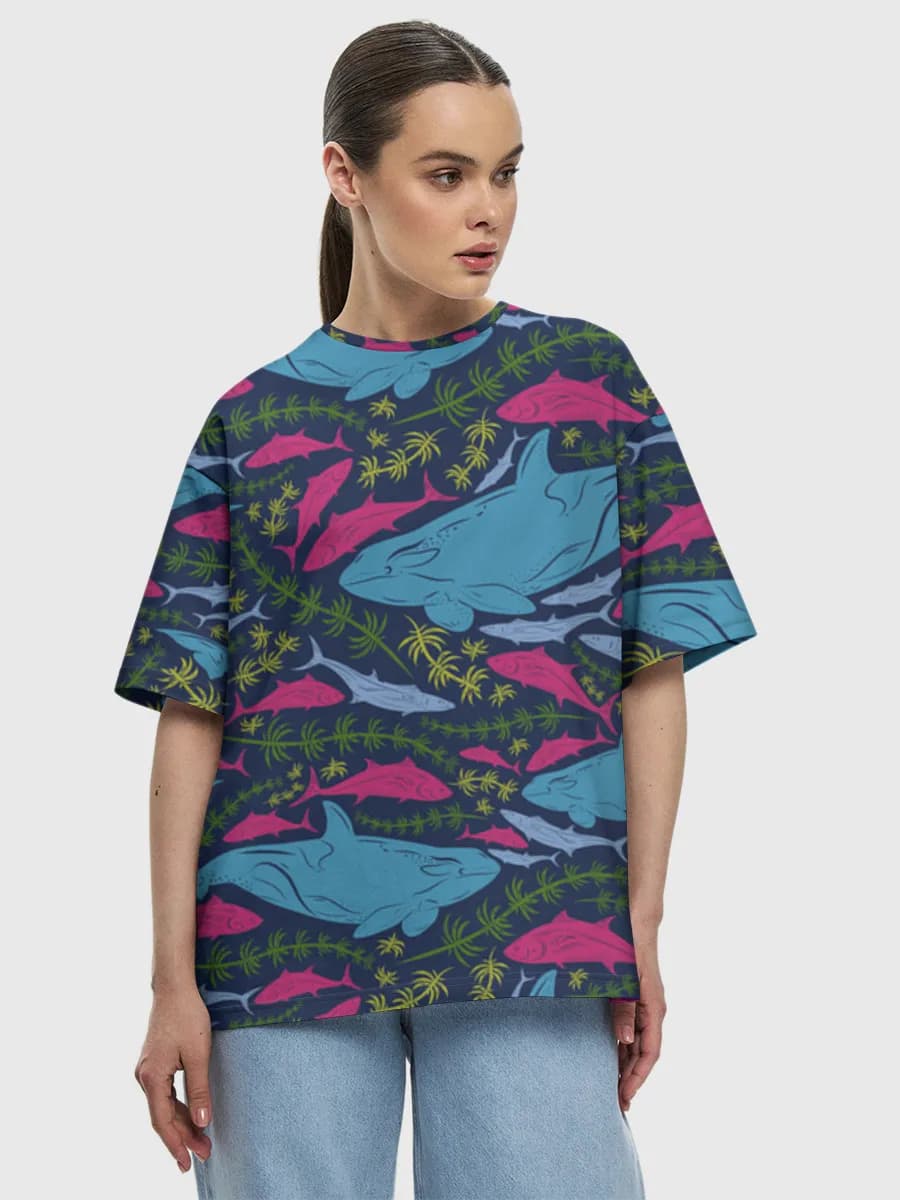 Orcas And Sharks — Women's oversized cotton T-shirt with all-over print, Marine Life theme