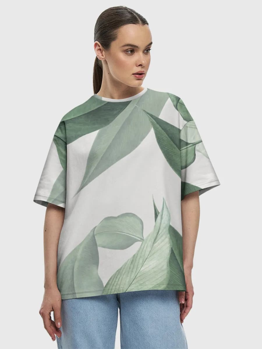 Watercolor Green Leaves — Women's oversized cotton T-shirt with all-over print, Botanical theme