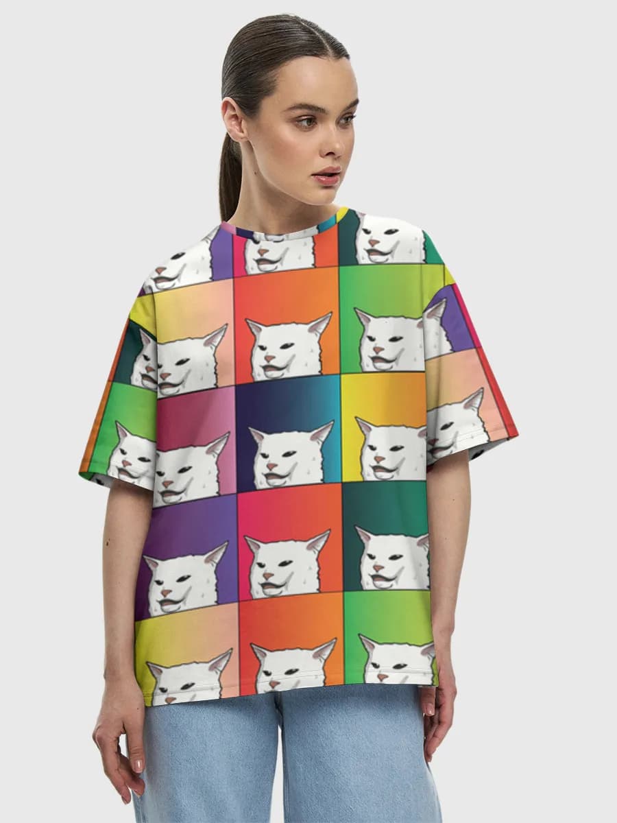 Pop Art Meme Cat — Women's oversized cotton T-shirt with all-over print, Cats theme