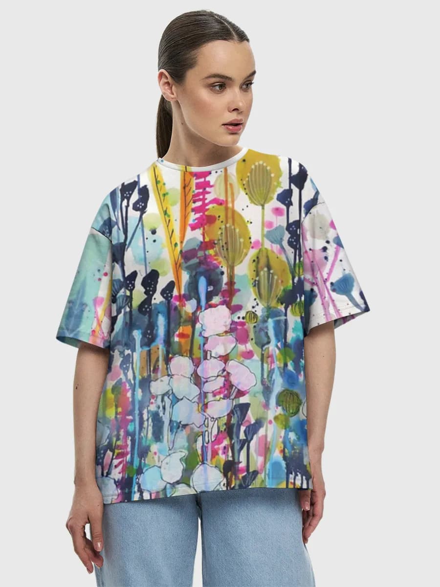 Abstract Watercolor Wildflower Garden — Women's oversized cotton T-shirt with all-over print, Floral theme