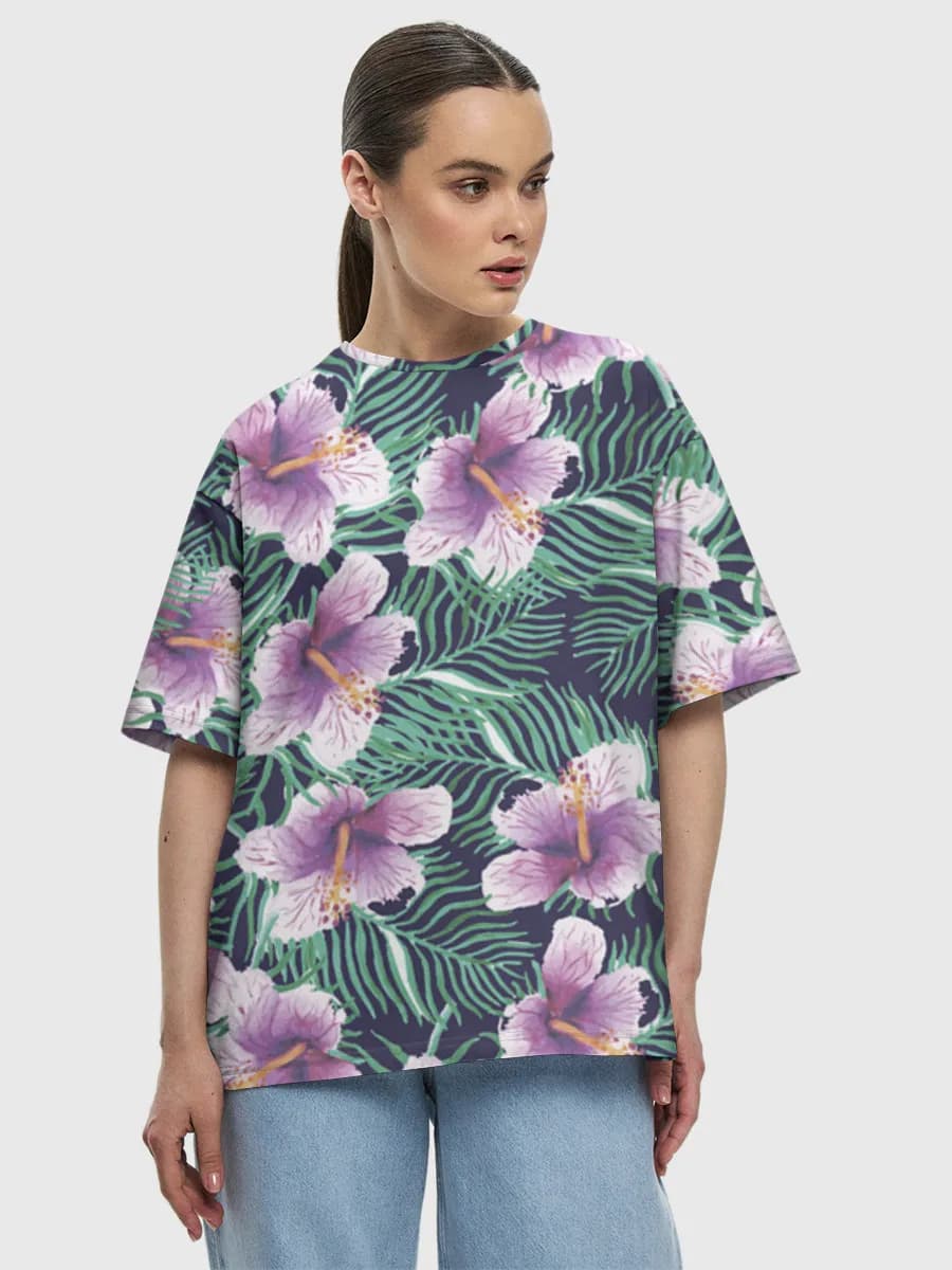 Tropical Hibiscus Blooms — Women's oversized cotton T-shirt with all-over print, Floral theme