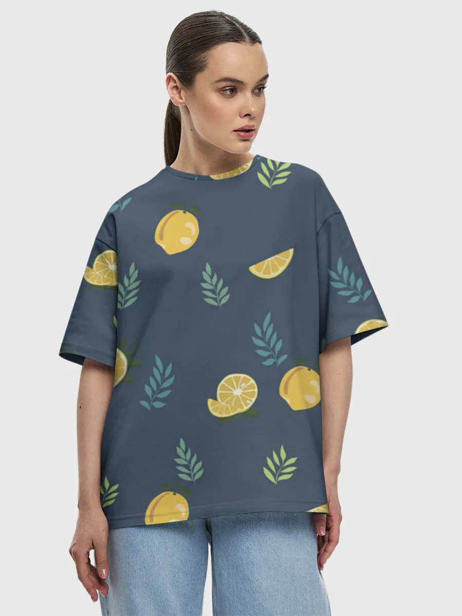 Lemon Citrus Botanical — Women's oversized cotton T-shirt with all-over print, Citrus theme