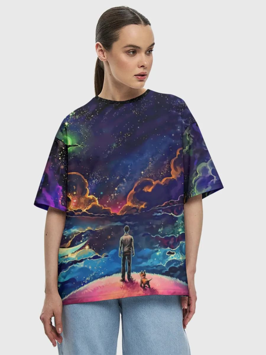 Stargazer Under Cosmic Nebula — Women's oversized cotton T-shirt with all-over print, Space theme