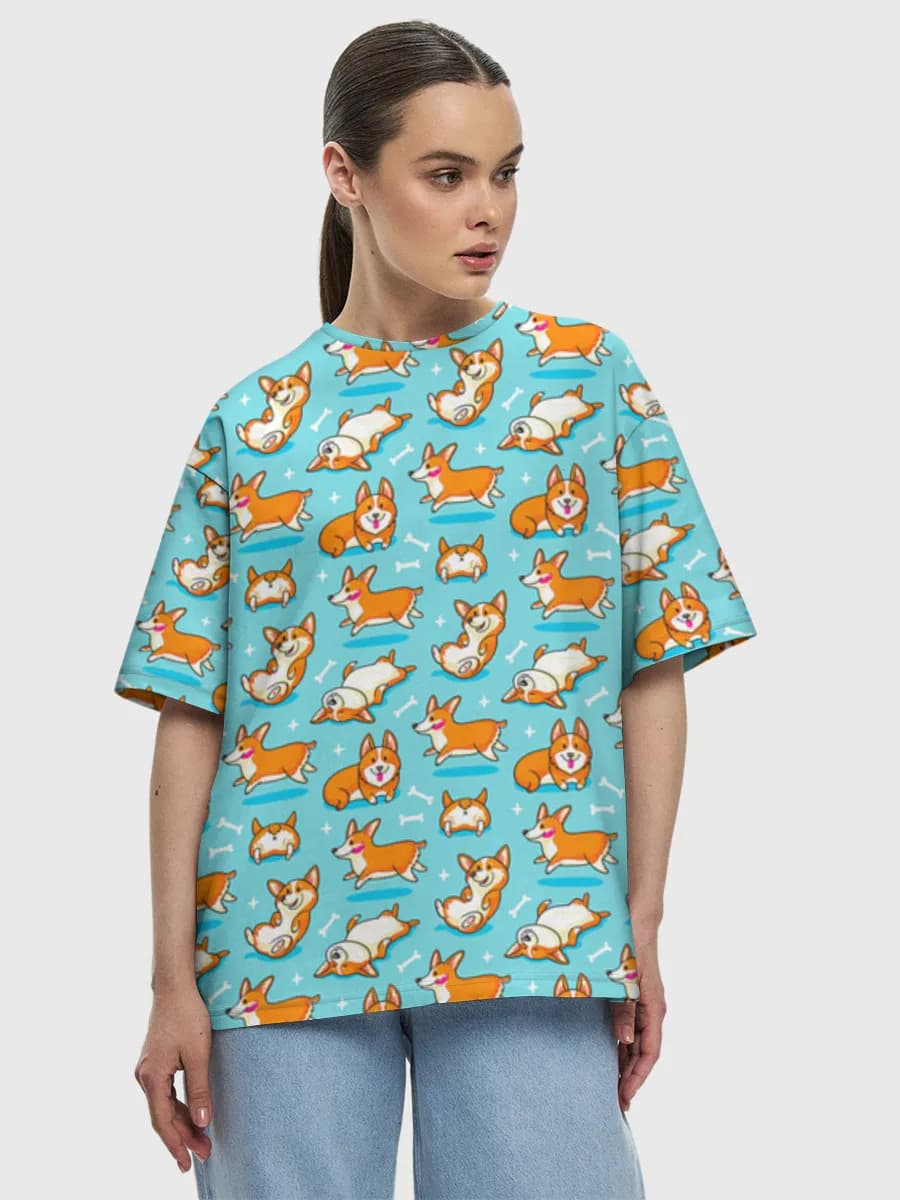 Cute Corgi Doodles — Women's oversized cotton T-shirt with all-over print, Corgi theme