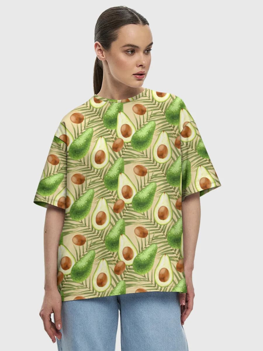 Tropical Avocado Leaves — Women's oversized cotton T-shirt with all-over print, Avocado theme
