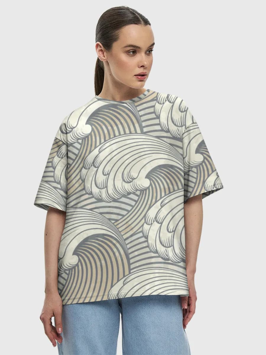 Japanese Wave Illustration — Women's oversized cotton T-shirt with all-over print, Ocean Waves theme