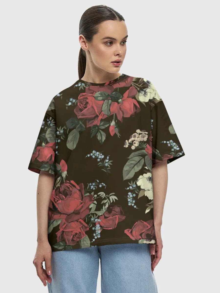 Dark Vintage Rose Bouquet — Women's oversized cotton T-shirt with all-over print, Floral theme