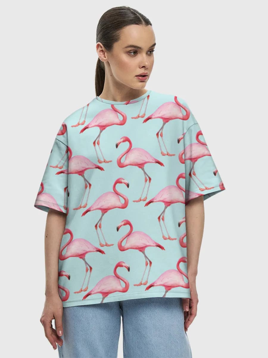 Pink Flamingo Parade — Women's oversized cotton T-shirt with all-over print, Flamingo theme