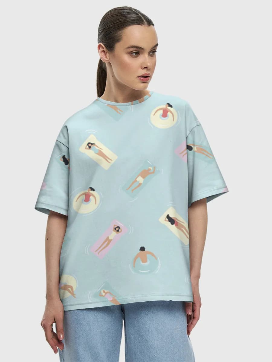 Pool Float Summer Vibes — Women's oversized cotton T-shirt with all-over print, Summer theme