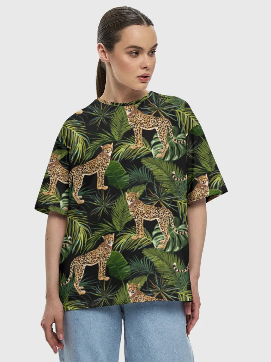 Cheetahs In Tropical Jungle — Women's oversized cotton T-shirt with all-over print, Wildlife Art theme