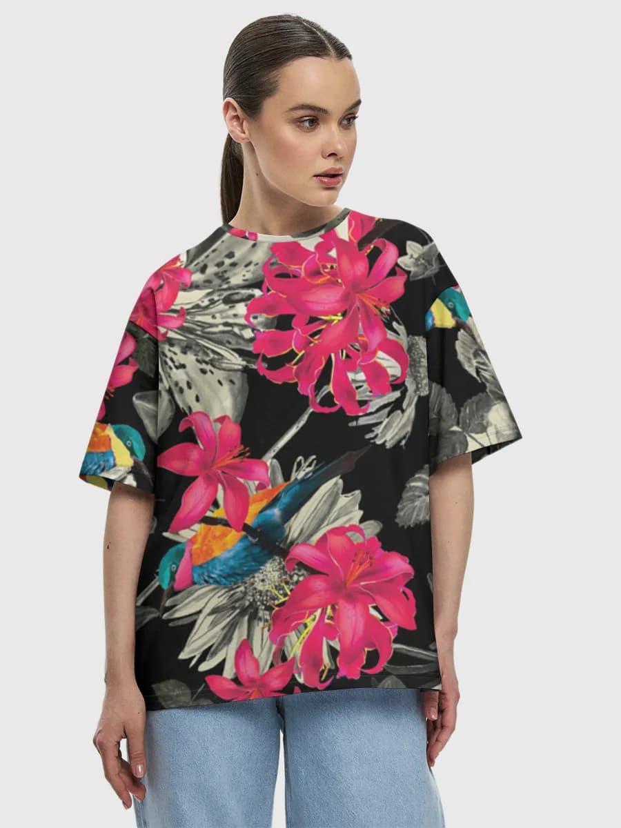 Tropical Birds And Lilies — Women's oversized cotton T-shirt with all-over print, Floral theme