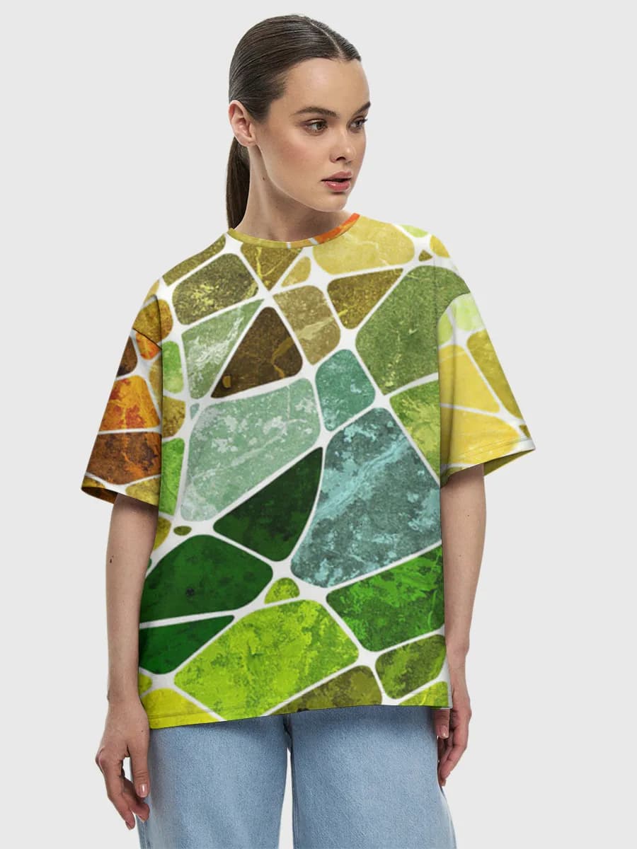 Autumn Stained Glass Mosaic — Women's oversized cotton T-shirt with all-over print, Abstract theme
