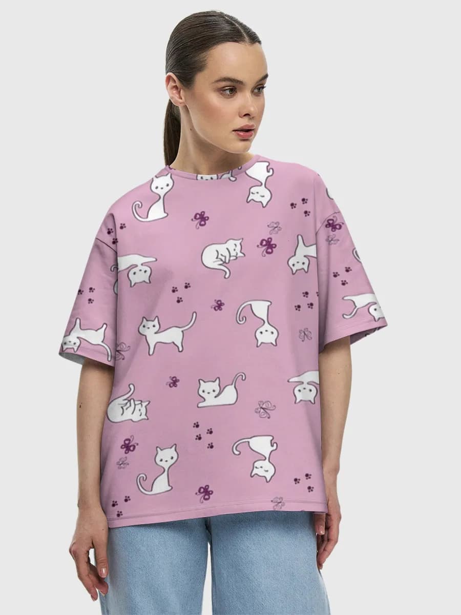 Cute White Cats — Women's oversized cotton T-shirt with all-over print, Cats theme