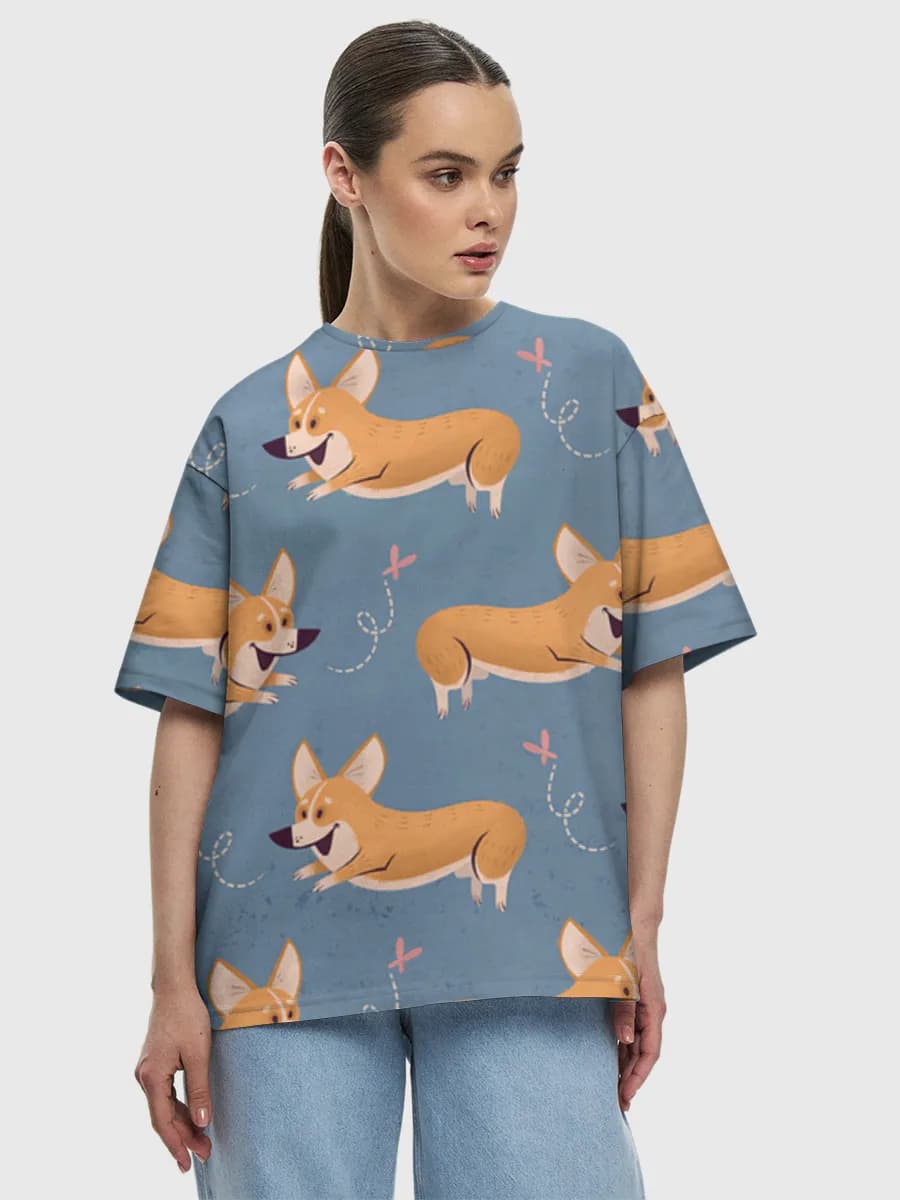 Playful Corgis And Butterflies — Women's oversized cotton T-shirt with all-over print, Corgi theme