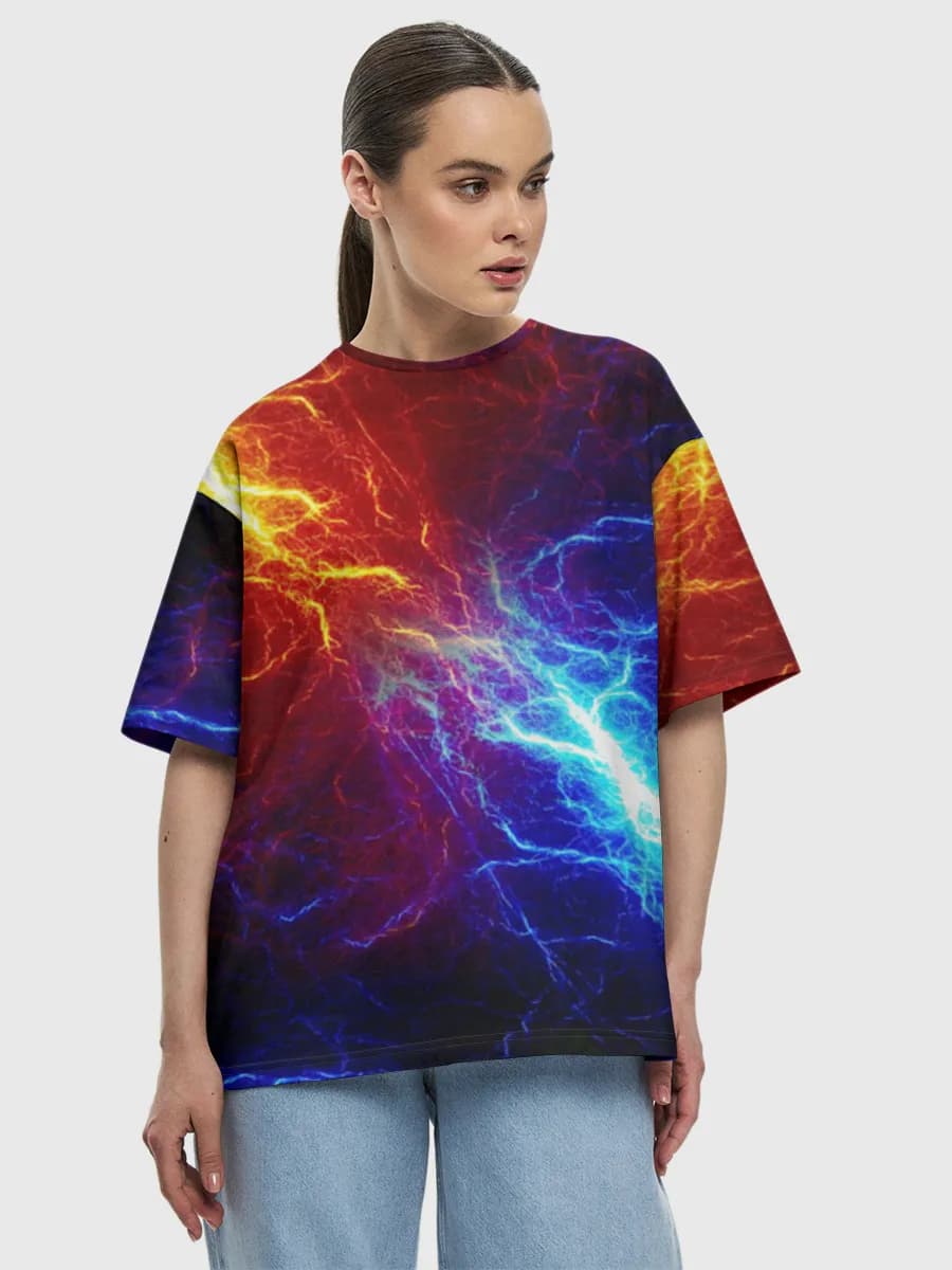 Red Blue Lightning Burst — Women's oversized cotton T-shirt with all-over print, Lightning theme