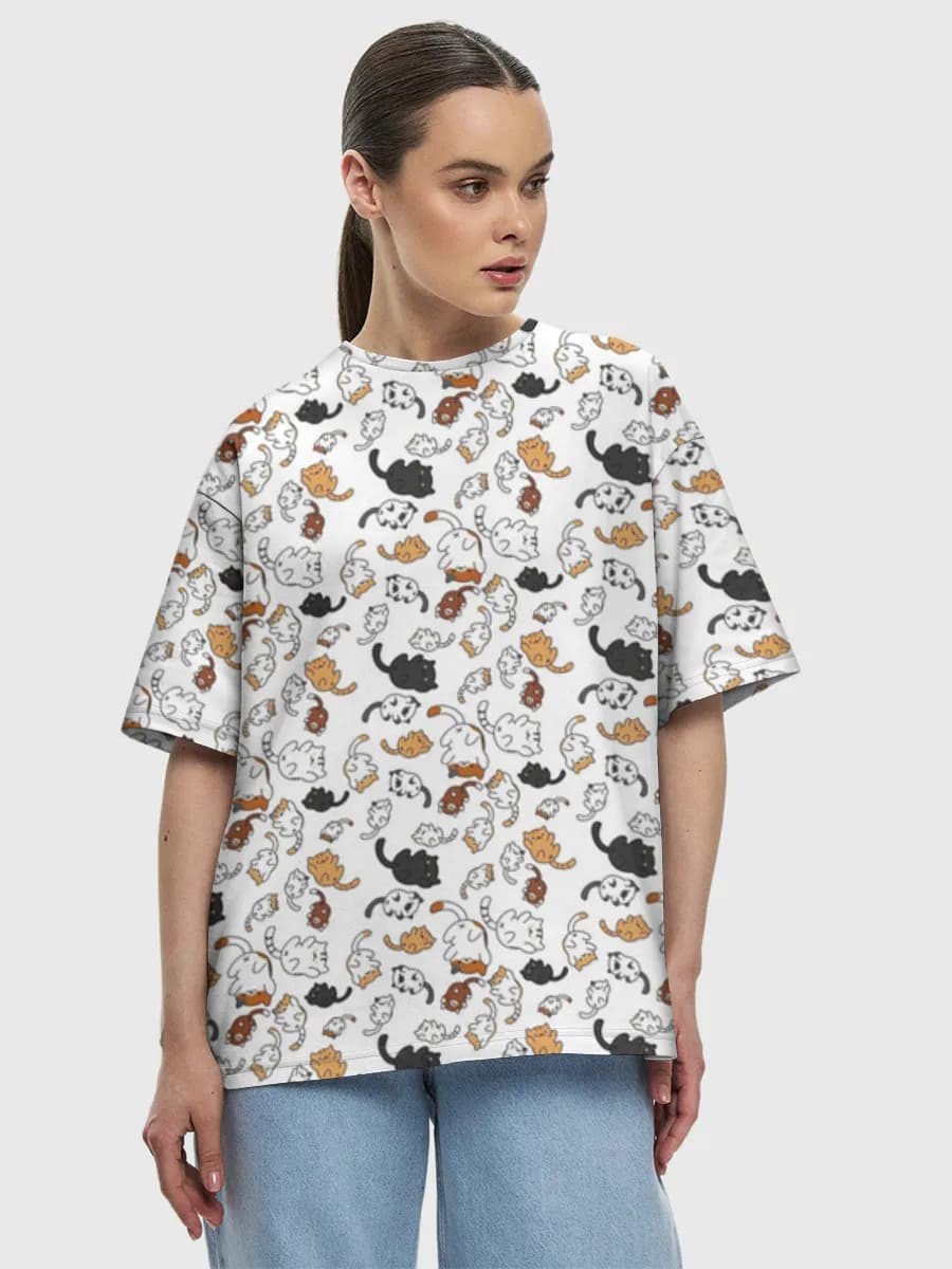 Playful Doodle Cats — Women's oversized cotton T-shirt with all-over print, Cats theme