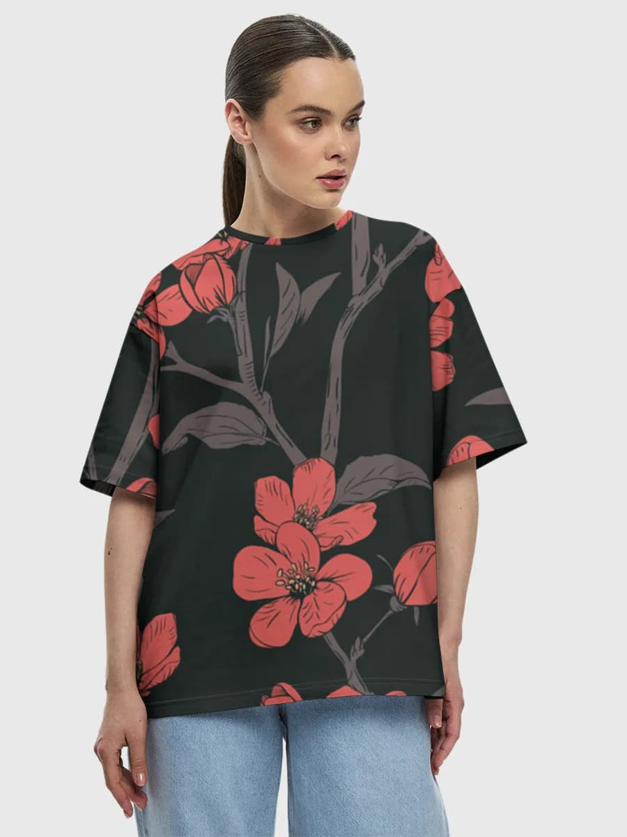 Coral Blossom Botanicals — Women's oversized cotton T-shirt with all-over print, Floral theme