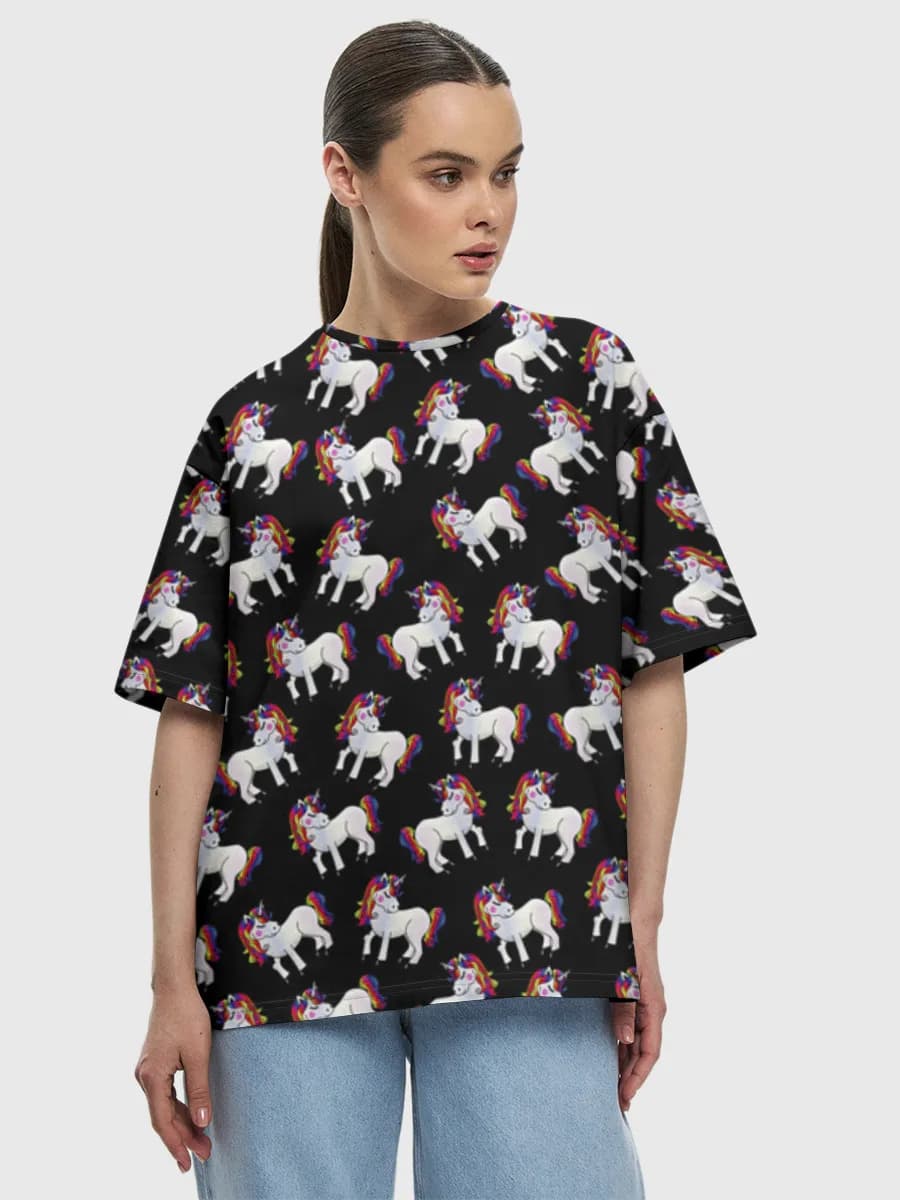 Rainbow Unicorn Scatter — Women's oversized cotton T-shirt with all-over print, Unicorn theme