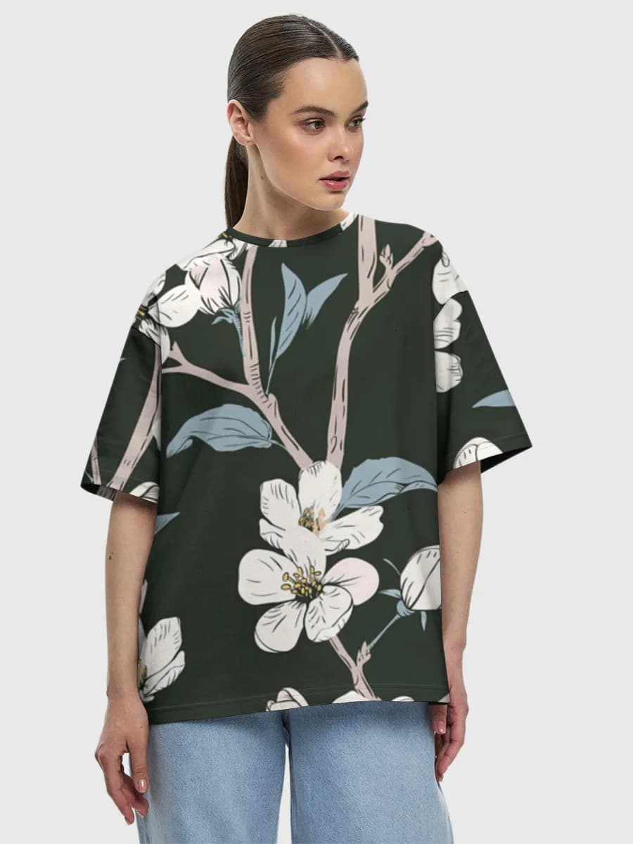 White Blossom Branches — Women's oversized cotton T-shirt with all-over print, Floral theme