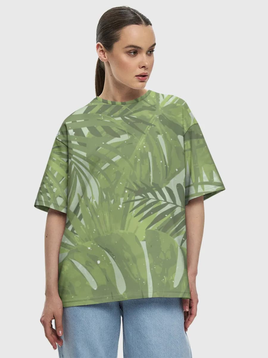 Tropical Jungle Leaves — Women's oversized cotton T-shirt with all-over print, Nature theme
