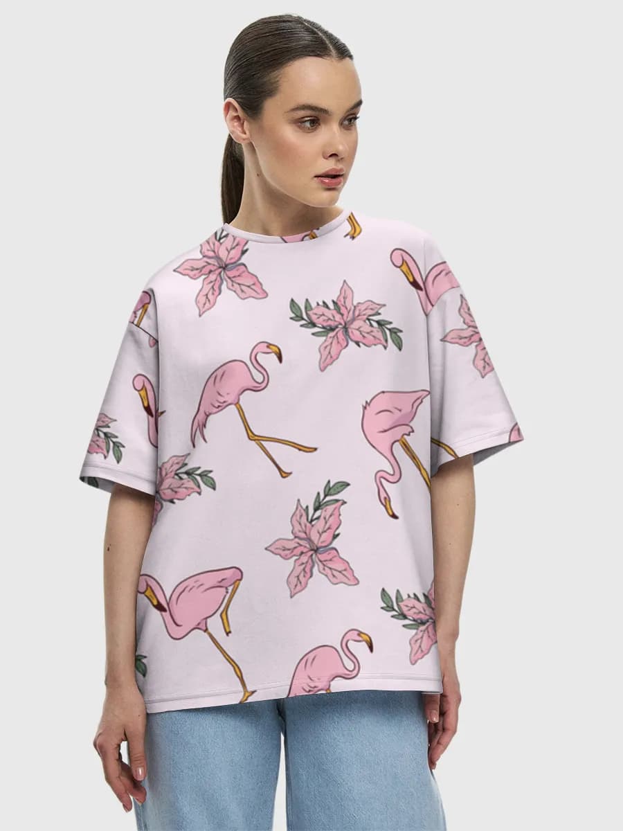 Pastel Flamingos And Florals — Women's oversized cotton T-shirt with all-over print, Flamingo theme