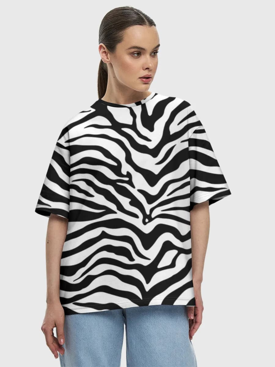 Bold Zebra Stripes — Women's oversized cotton T-shirt with all-over print, Animal Print theme