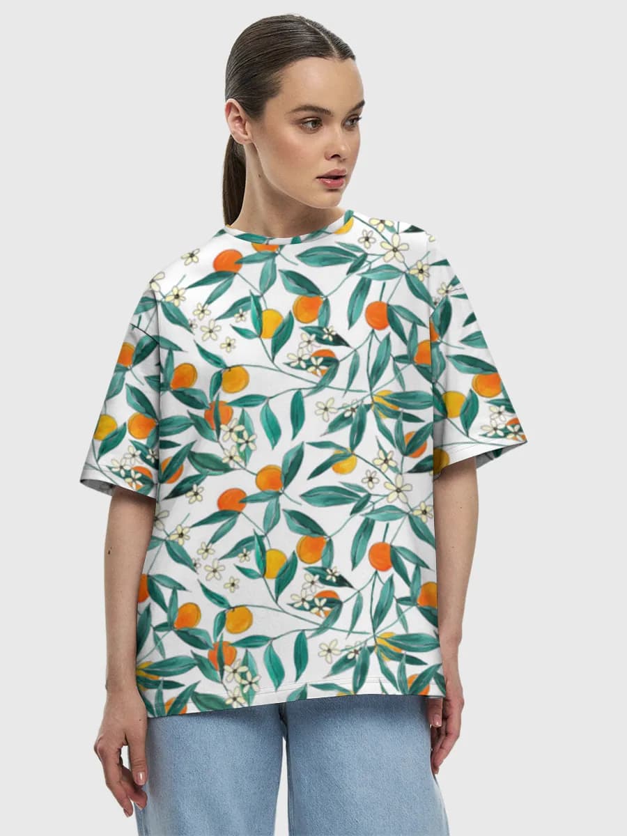 Orange Blossom Botanicals — Women's oversized cotton T-shirt with all-over print, Botanical theme