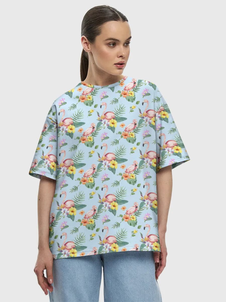 Tropical Flamingo Florals — Women's oversized cotton T-shirt with all-over print, Flamingo theme