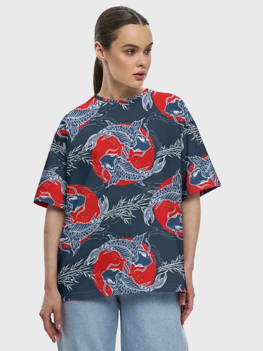 Koi Fish Rising Sun — Women's oversized cotton T-shirt with all-over print, Koi Fish theme