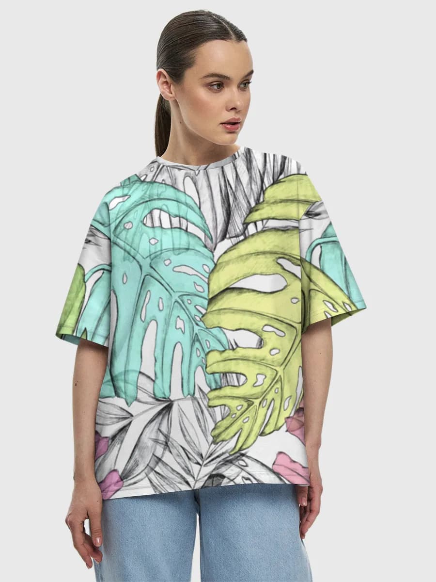 Pastel Monstera Jungle Leaves — Women's oversized cotton T-shirt with all-over print, Botanical theme