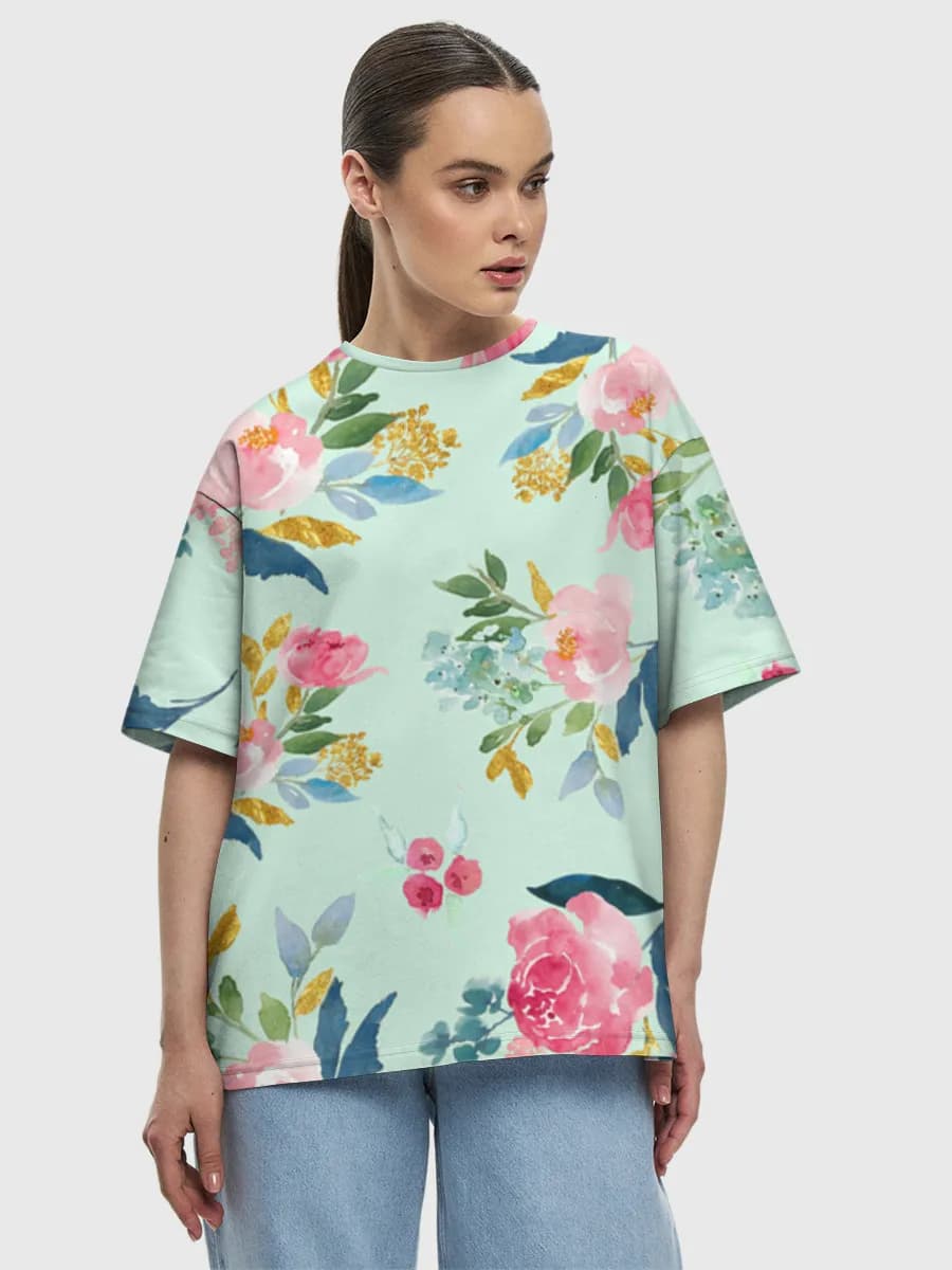 Watercolor Pink Floral Bouquet — Women's oversized cotton T-shirt with all-over print, Floral theme